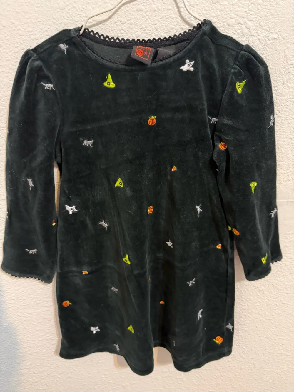Girls' Dark black Velvet Halloween Dress Embroidered Pumpkins & Ghosts whimsical